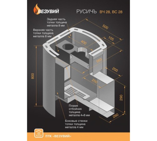Дровяная печь ВЕЗУВИЙ РУСИЧЪ АНТРАЦИТ 28 (ДТ-4) 2016