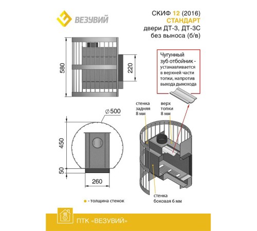 Дровяная печь ВЕЗУВИЙ СКИФ Стандарт 12 (ДТ-3С) б/в