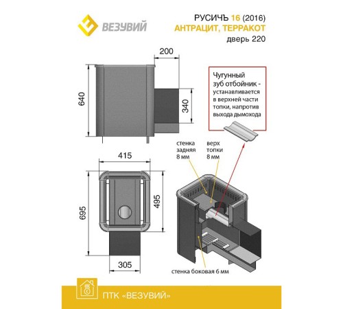 Дровяная печь ВЕЗУВИЙ РУСИЧЪ АНТРАЦИТ 16 (220)