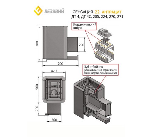 Чугунная печь ВЕЗУВИЙ Сенсация 22 Антрацит (ДТ-4С)